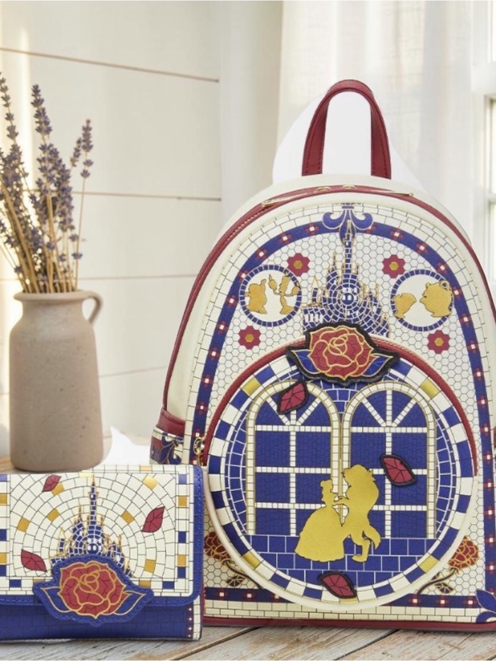 Loungefly Disney Beauty and the Beast Mosaic Backpack and Wallet - Cream & Navy